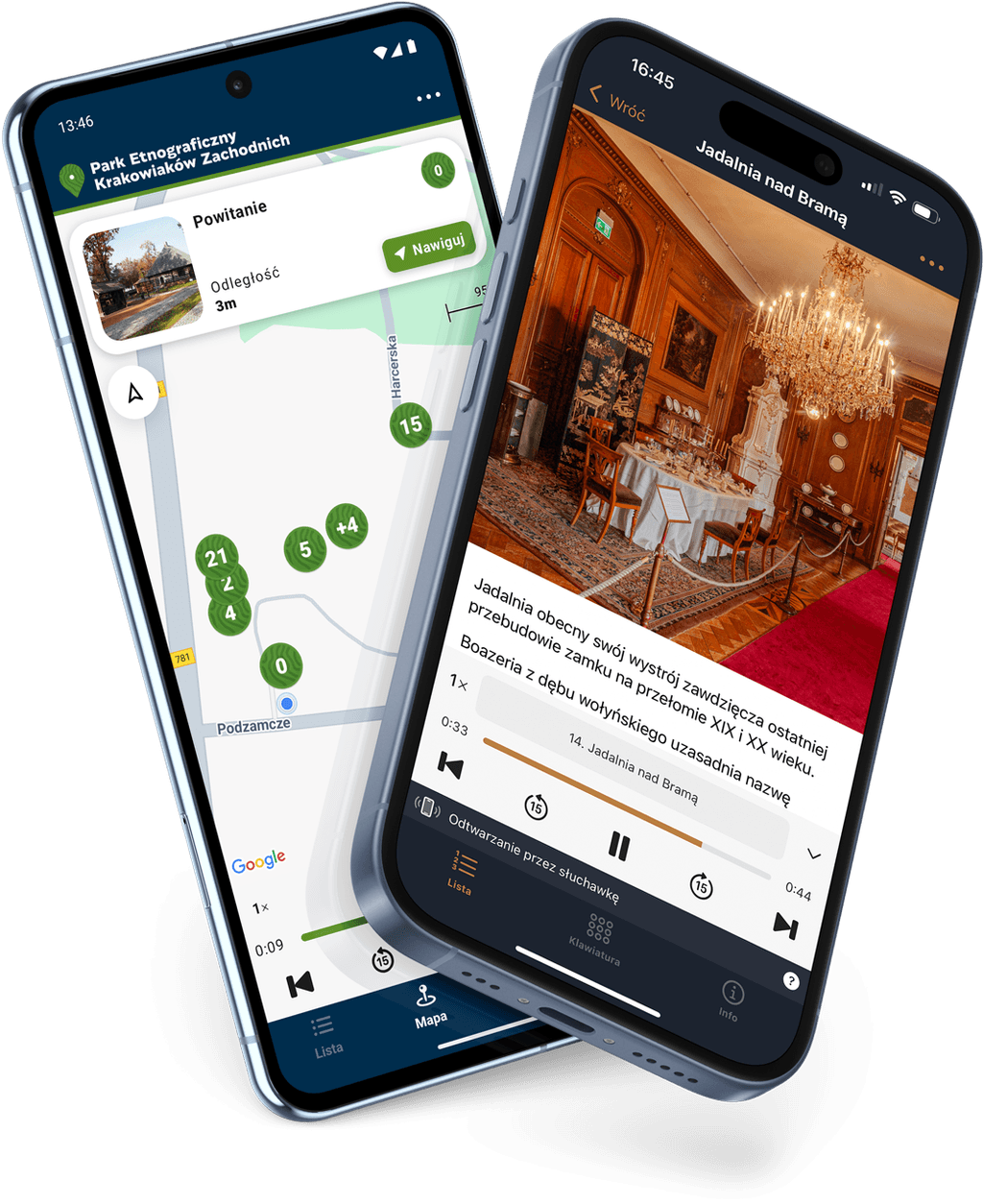 aplikacja audioprzewodnikowa uruchomiona na telefonach iPhone i Android. Na pierwszym telefonie widoczny ekran prezentujący zdjęcie oraz opis wnętrza Zamku w Łańcucie, na drugim telefonie widoczna jest mapa Parku Etnograficznego w Wgiełzowie.